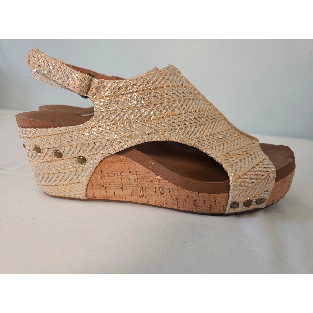 Boho Corkys Carley Wedge Sandals Womens 11 Gold Woven Metallic Studded Slingback